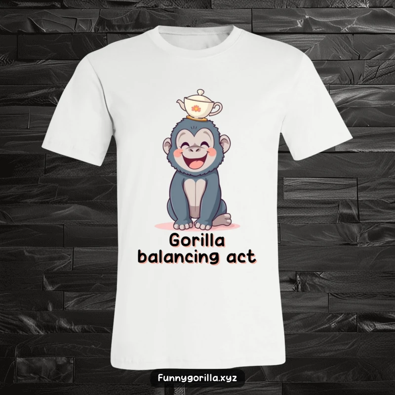 Funny gorilla t-shirt, a happy ape attempting to balance a small teacup on its head with a focused expression.