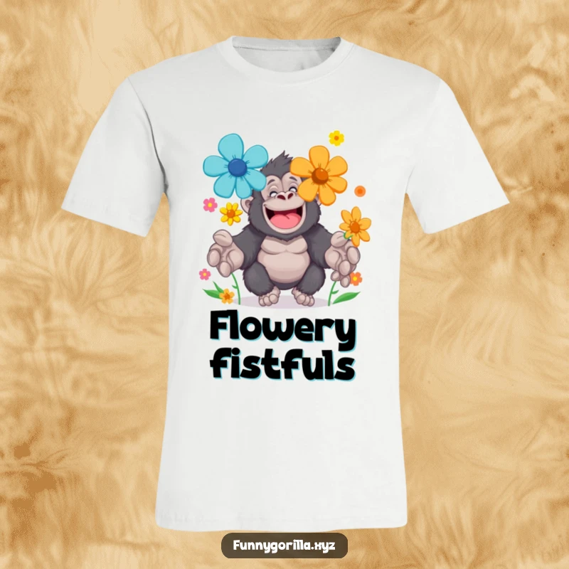 Funny T-Shirt featuring a cheerful gorilla character juggling brightly colored flowers with large paws, showcasing gentle humor.