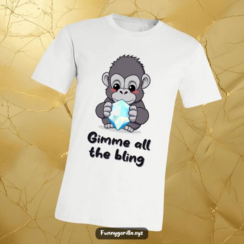 Funny gorilla t-shirt, a curious ape fixated on a large, glittering jewel, highlighting a sense of awe.