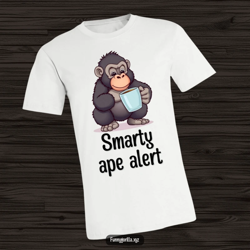Funny t-shirt with a gorilla in a funny pose balancing books, representing the humorous challenge of acquiring knowledge and strength.