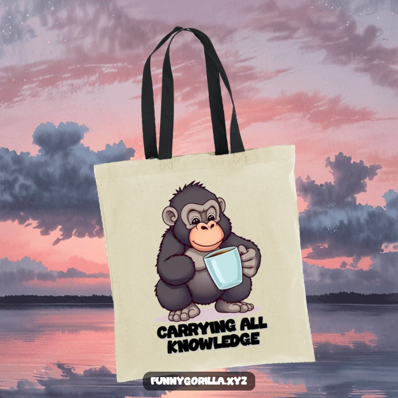 Funny tote bag featuring a gorilla balancing books in a funny pose, symbolizing the humorous journey of learning and carrying knowledge.