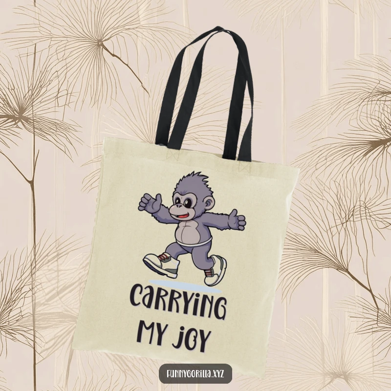 Funny Tote Bag showcasing a gorilla character playfully skipping in oversized sneakers, ideal for carrying items with a humorous flair.