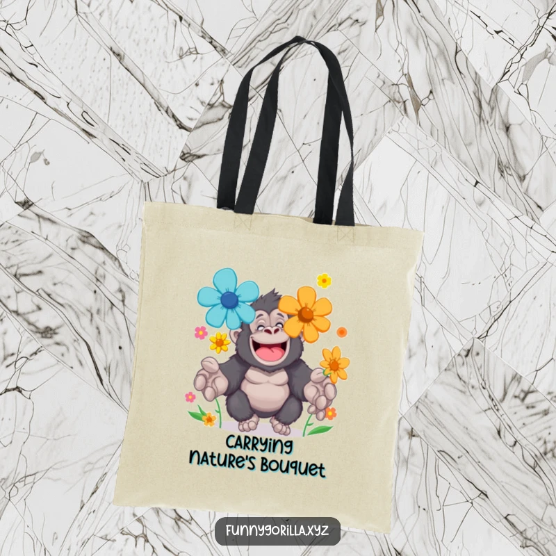 Funny Tote Bag showcasing a cheerful gorilla character juggling brightly colored flowers with large paws, great for carrying essentials with charm.