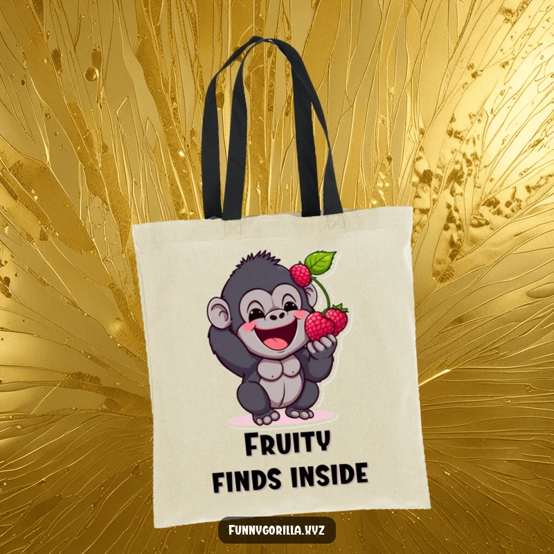 Funny Tote Bag with a happy gorilla character excitedly sharing a berry, perfect for carrying groceries with a touch of humor.