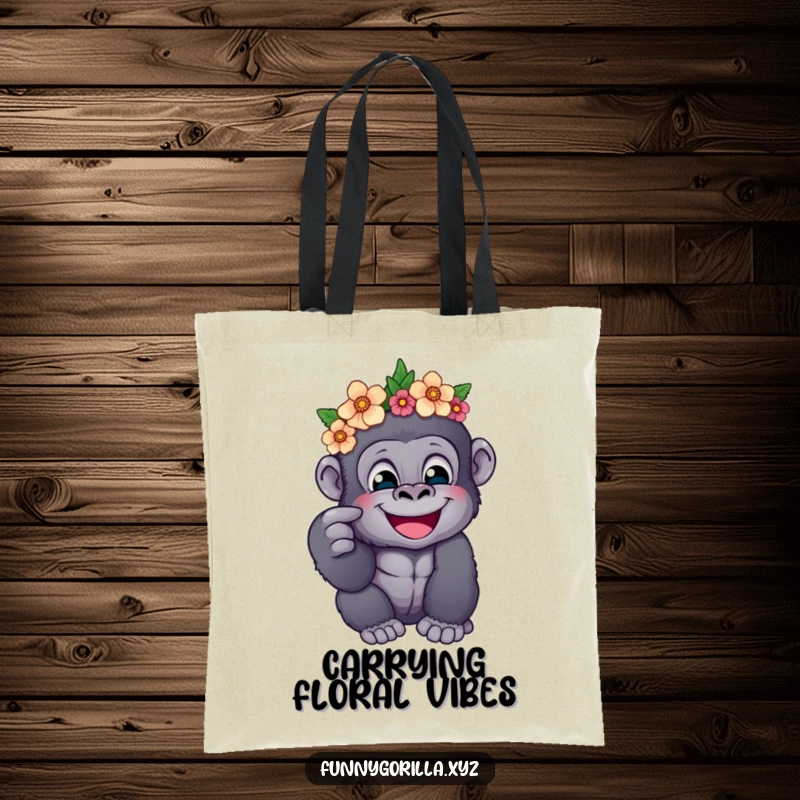 Funny tote bag featuring a happy gorilla wearing a flower crown, playfully poking its cheek, ideal for carrying groceries or daily items.