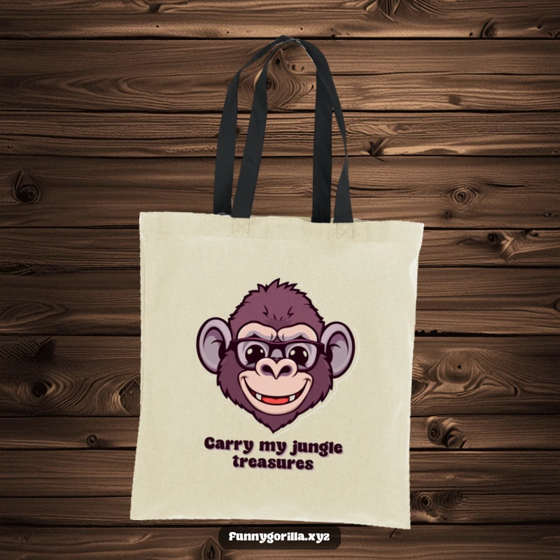 Funny Tote Bag displaying a stylized gorilla head with a wide, comical smile and petite ears, ideal for carrying treasures humorously.