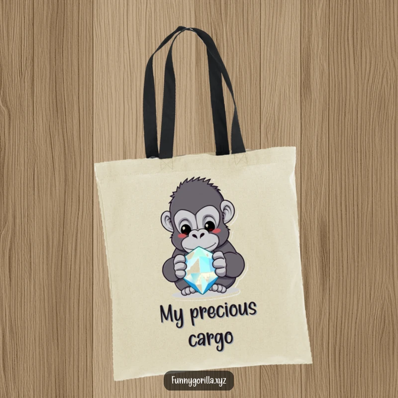 Funny gorilla tote bag, a curious ape mesmerized by a large, sparkling jewel, perfect for carrying treasures.